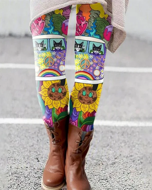 🔥kukelife🔥Hippie Pets Peace Car Sunflower Printed Leggings
