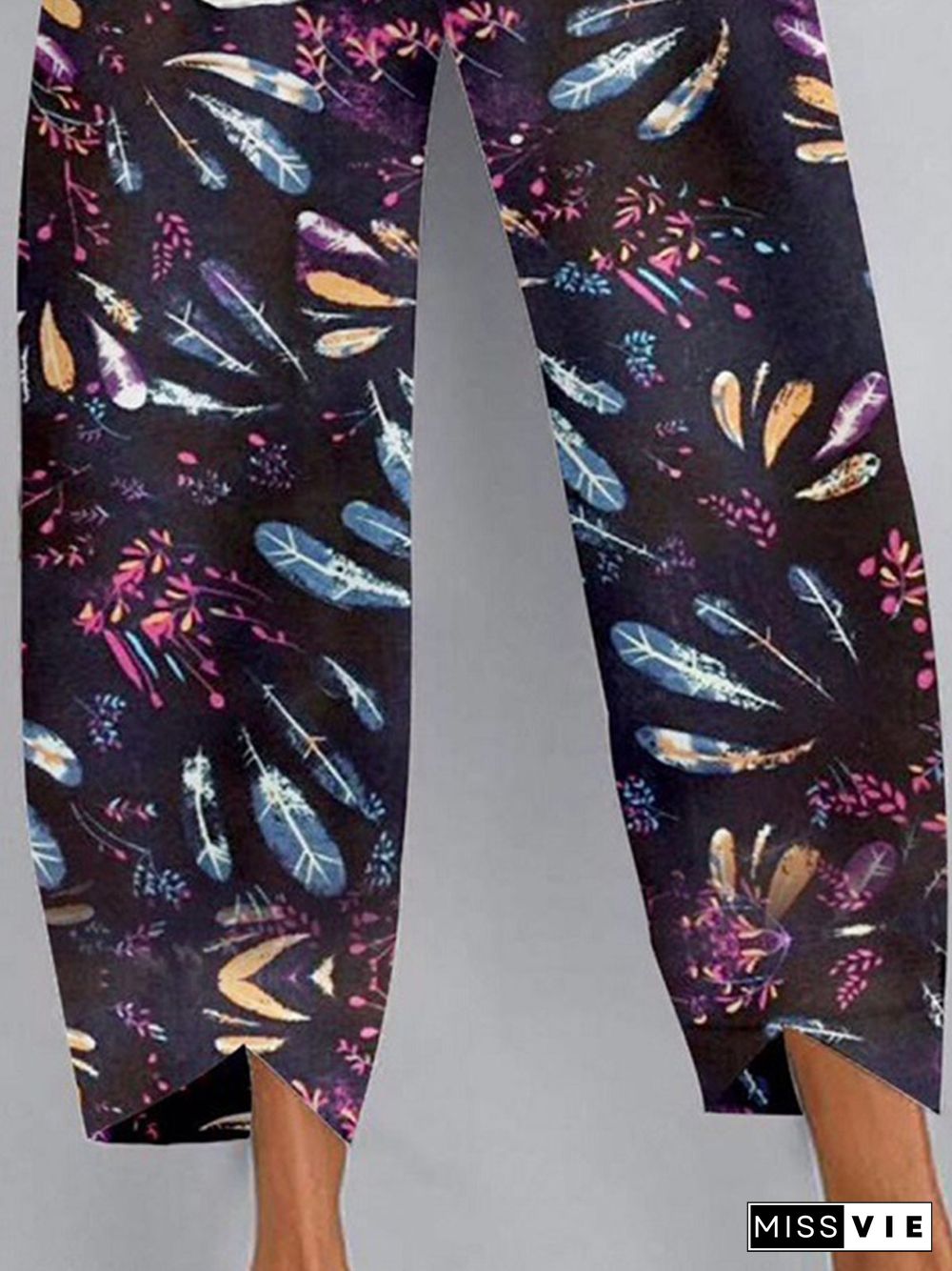 Vintage Geometric Floral Printed Pockets Plus Size Casual Pants