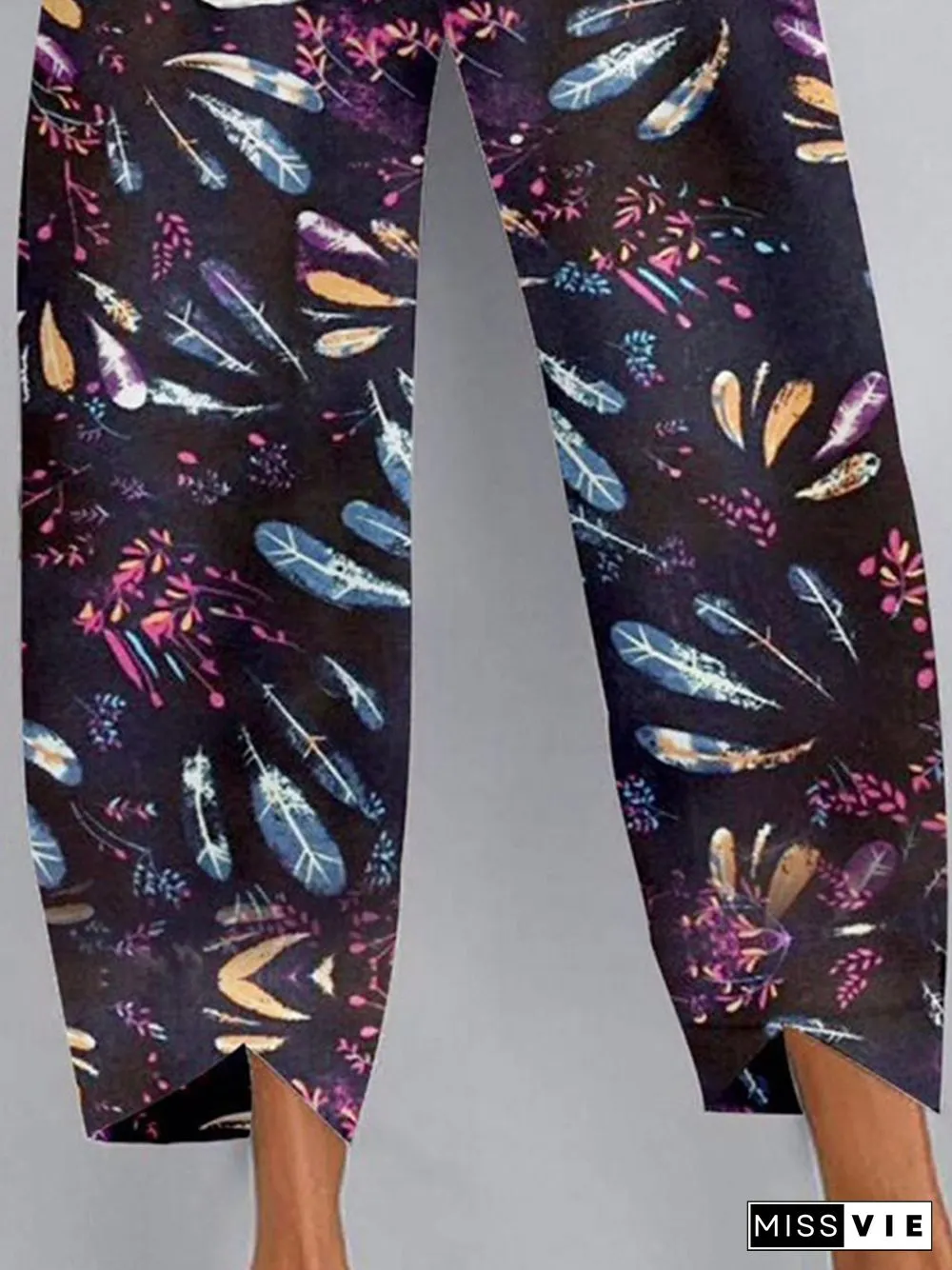 Vintage Geometric Floral Printed Pockets Plus Size Casual Pants