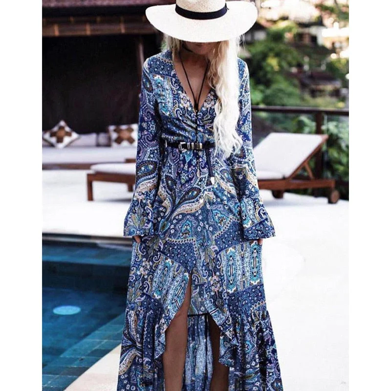 Women Summer Dress Boho Style Women Long Maxi Evening Party Dress Sexy Vintage Floral V Neck High Split Beach Dresses Sundress