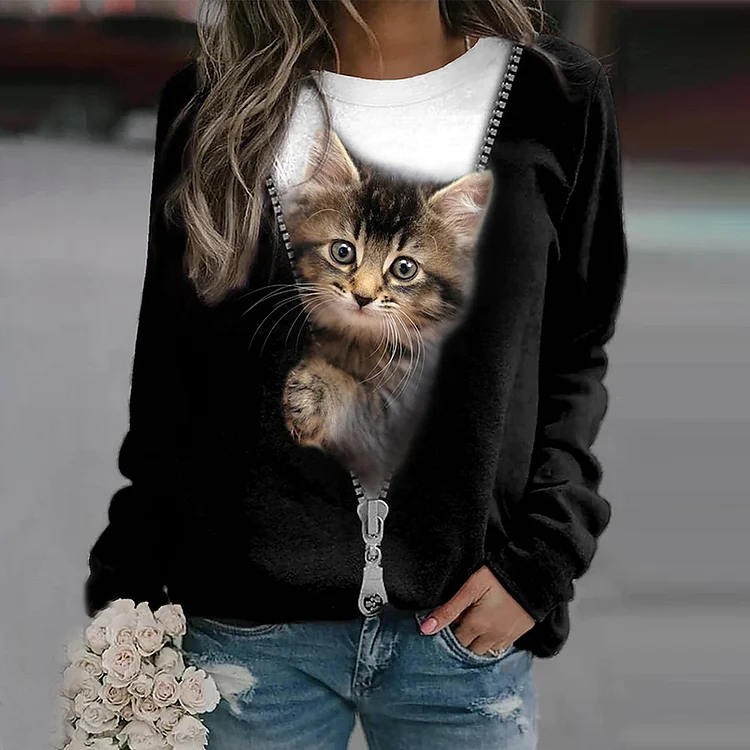 VChics Animal Cat Printed Round Neck Long Sleeve Sweatshirt