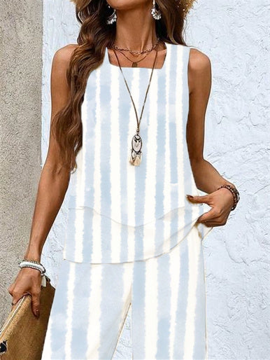 Women's Sleeveless Square Collar Striped Graphic Printed Casual Set