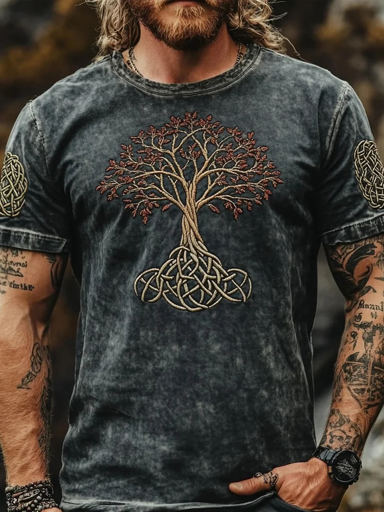 VChics Men's Viking Tree Of Life Embroidered Washed T Shirt