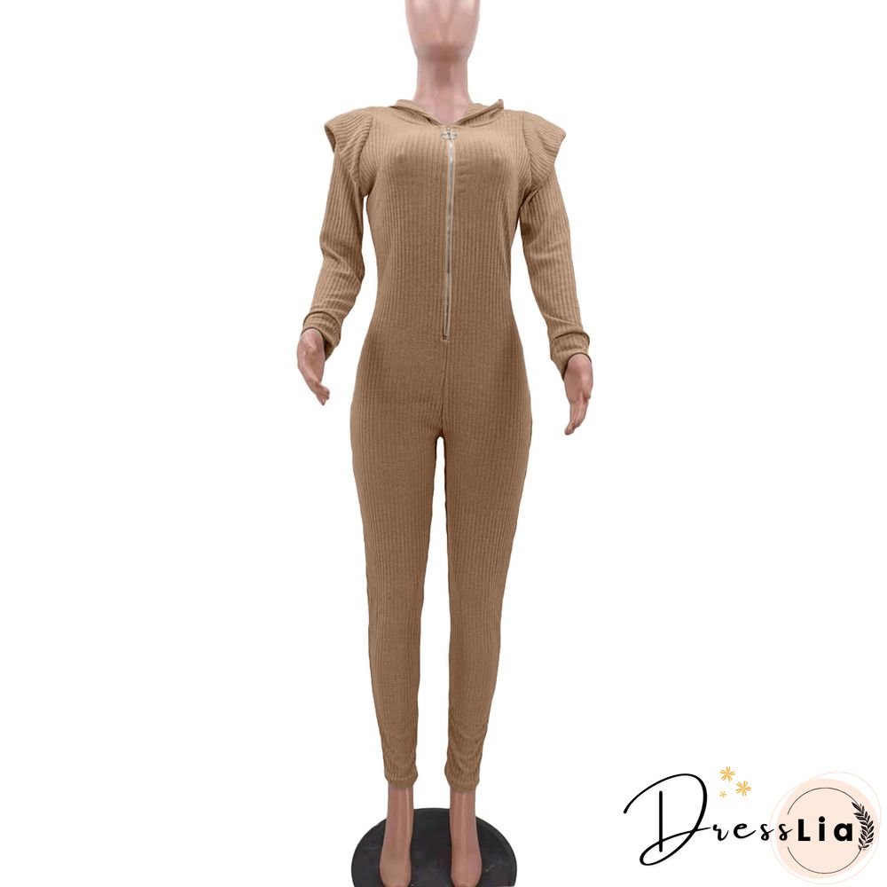 Knitted Long Sleeve Shoulder Padded Hooded Jumpsuit