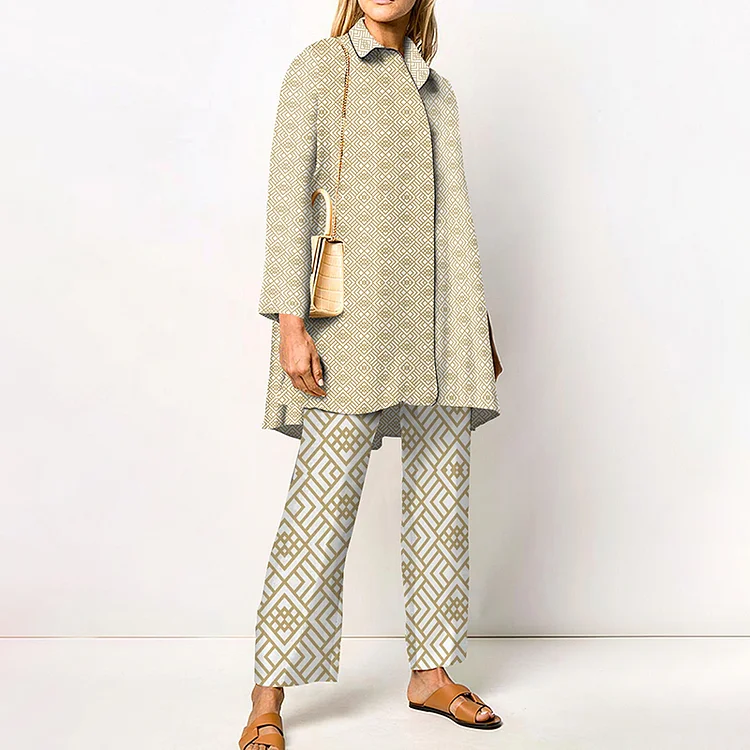 Simple Lapel Print Two Piece Set