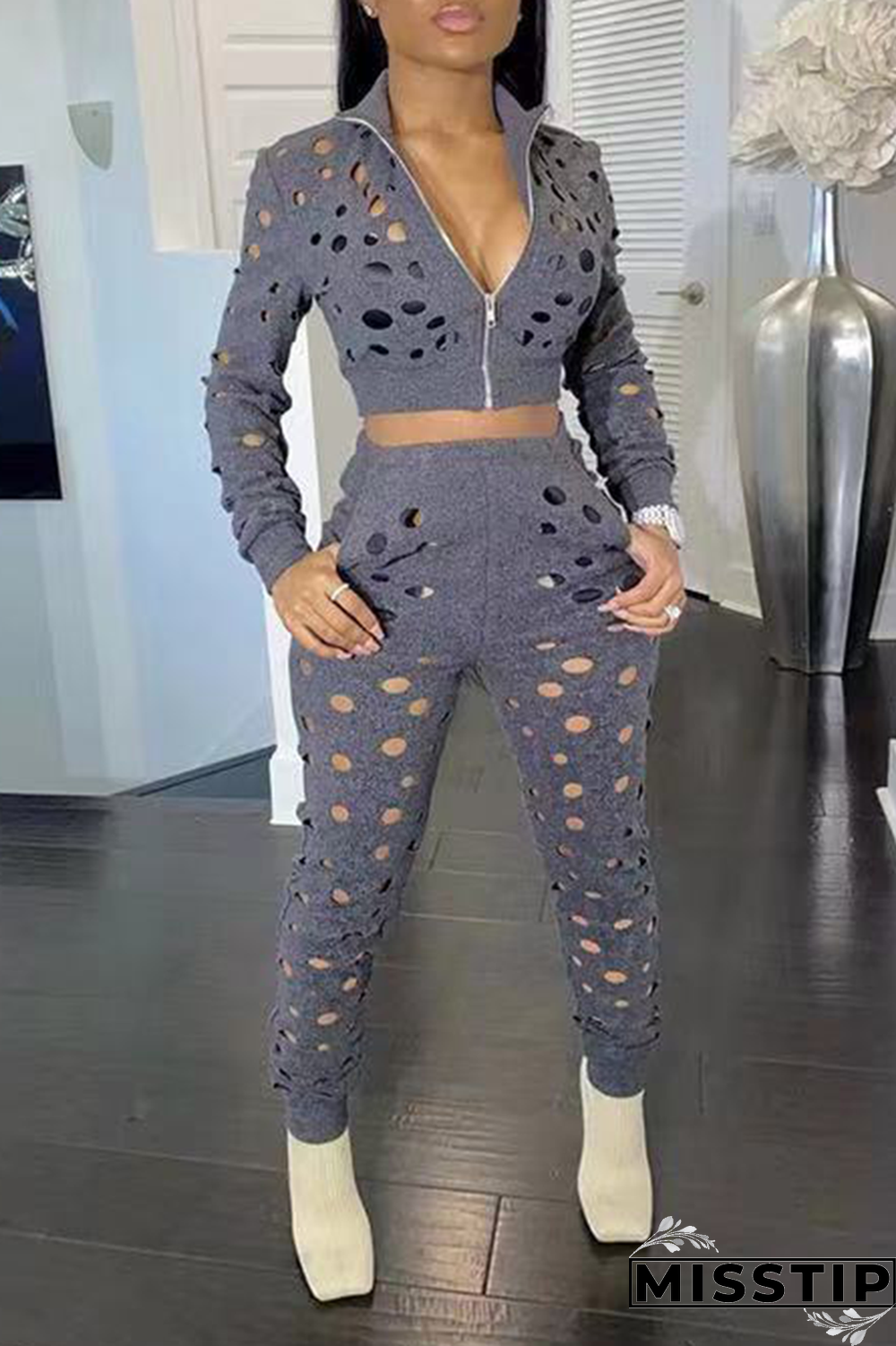 Grey Sexy Solid Ripped Turndown Collar Long Sleeve Two Pieces