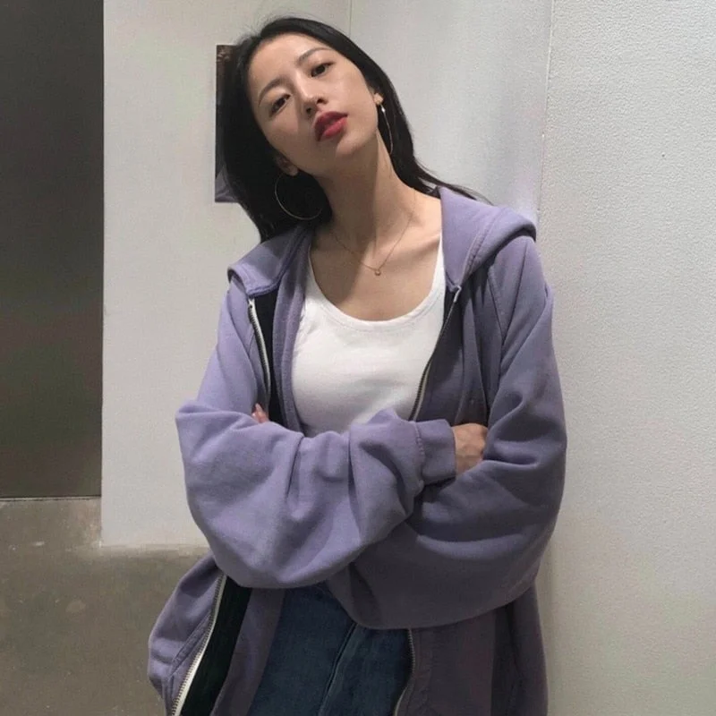 Zip Up Women Hoodie 2021 Spring  Korean Long Sleeve Purple Sweetshirts Loose Casual Jacket Harajuku Hoodies Chic Female Clothing