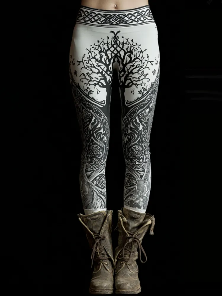 Women's Viking Tree Of Life Ink Art Leggings