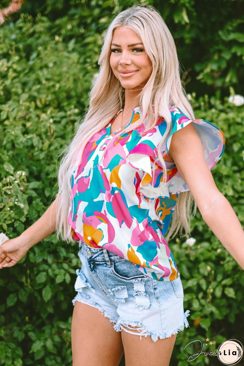 Abstract Print Notched Neck Flutter Sleeve Blouse
