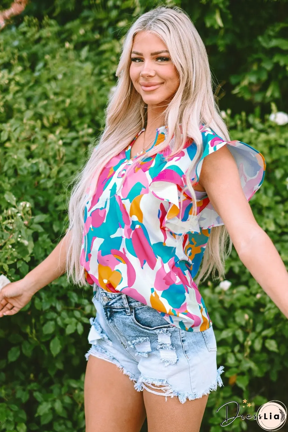 Abstract Print Notched Neck Flutter Sleeve Blouse
