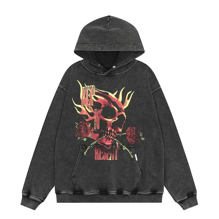 Represent Hoodie Rose Skull Distressed Hooded Sweater for Men