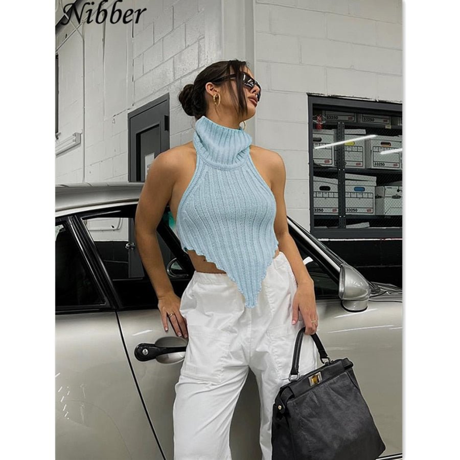 Nibber Pullover Knit Tops Turtleneck Basic Tank Top Beauty Back Sweater Pullover Vest 2022 Summer Elegant Streetwear Female