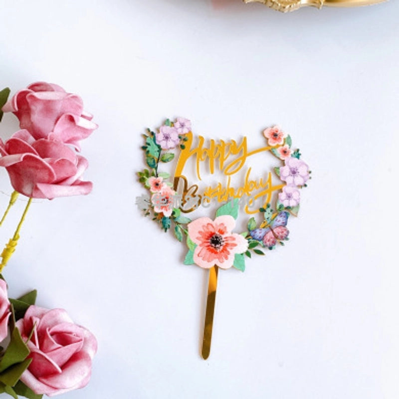 Acrylic Cake Topper Ins Style Floral Uv Color Printing Happy Birthday Dessert Decoration Plugin