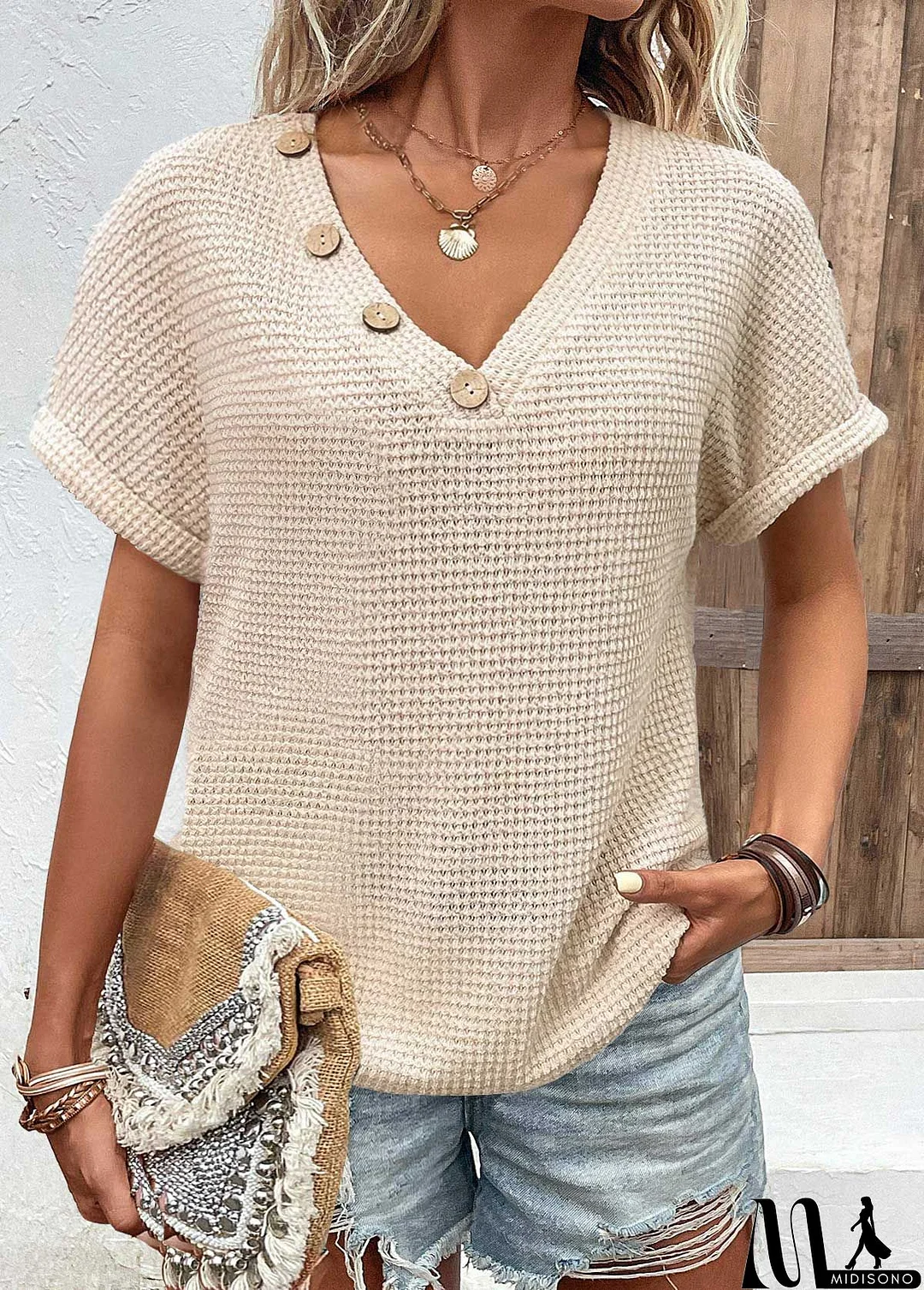 MidiSono - Beige Button Short Sleeve V Neck T Shirt
