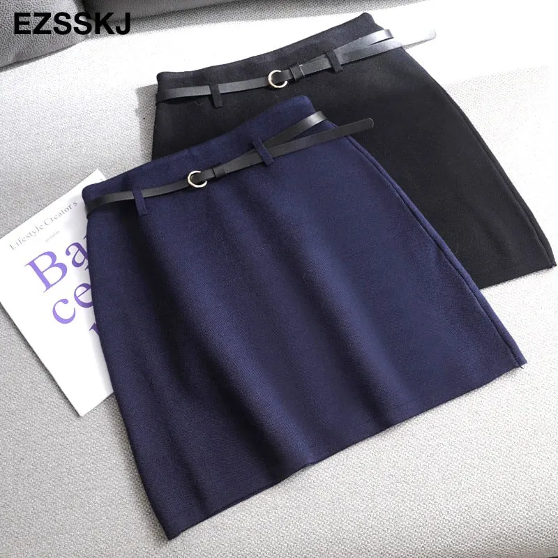 spring Autumn retro A-line PENCIL mini skirt female fashion high waist  slim skirt  solid color badycon knitted short skirt