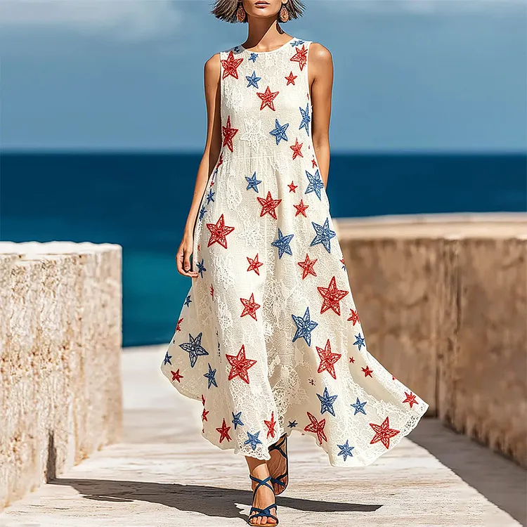 Vintage American Flag Inspired Stars Lace Linen Maxi Dress