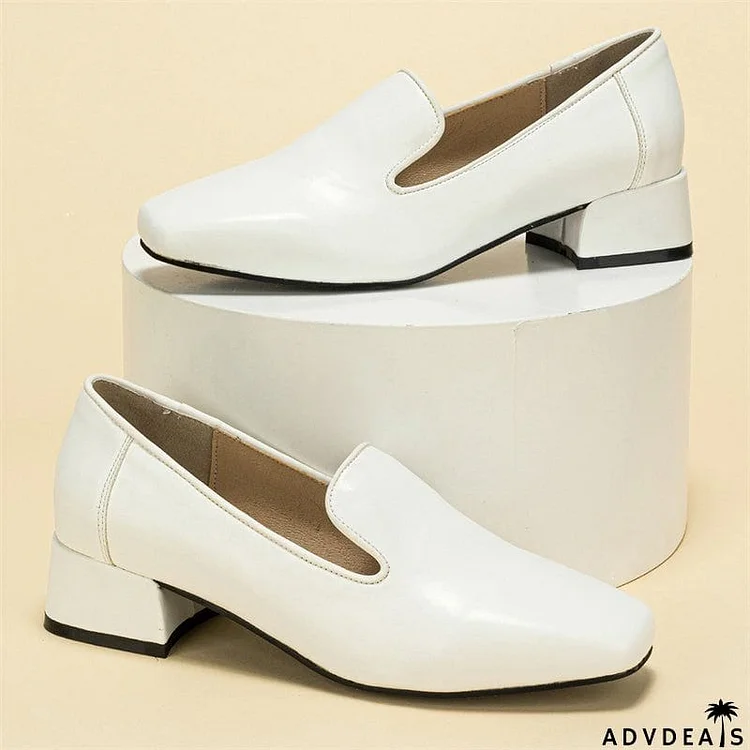 Literary Shallow Mouth Square Toe White Loafer Woman's Pumps
