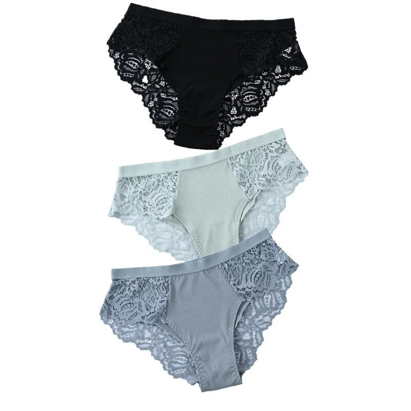 3PCS Soft Cotton Women Underwear Panties Solid Comfort Underpants Seamless Lace Briefs For Woman Sexy Low-Rise Panty Intimates