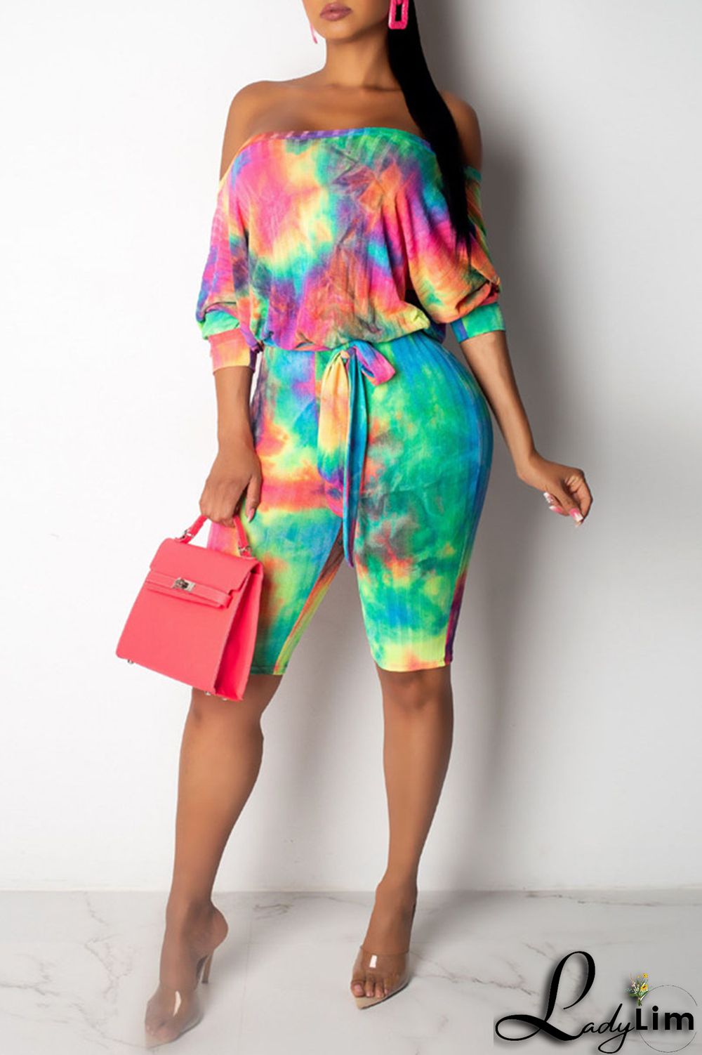 Tangerine Red Casual Print Tie Dye Bandage Split Joint Off the Shoulder Straight Jumpsuits