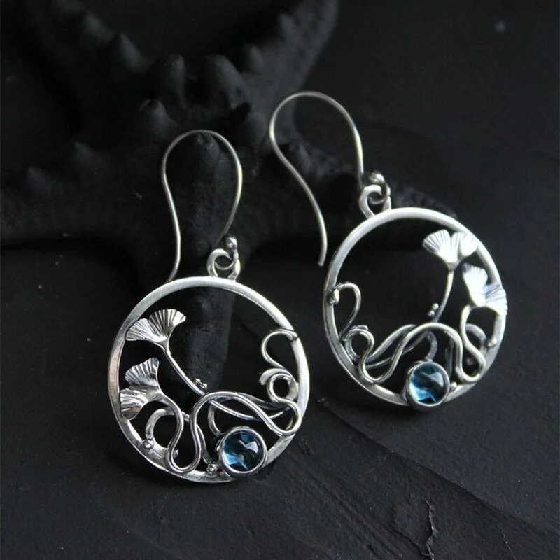 Elegant Round Metal Wrapped Maple Leaf Earrings Fashion Blue Crystal Stone Women Dangle Earring Wedding Jewelry