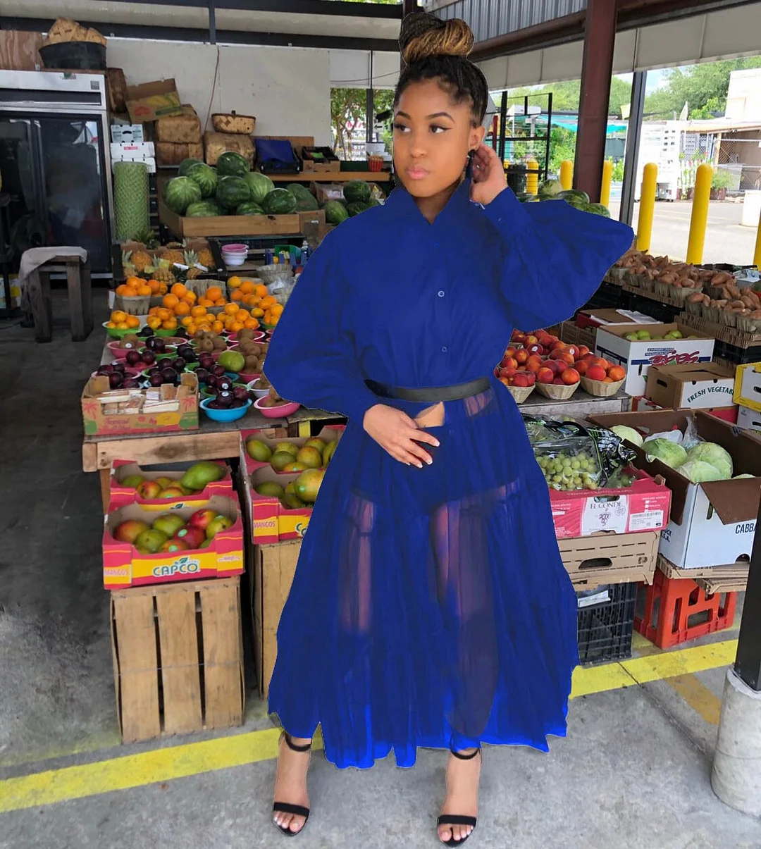 CM.YAYA Women Summer Long Sleeve Maxi Blouses Mesh Patchwork Long Dress Vintage Sexy Club Maxi Dresses