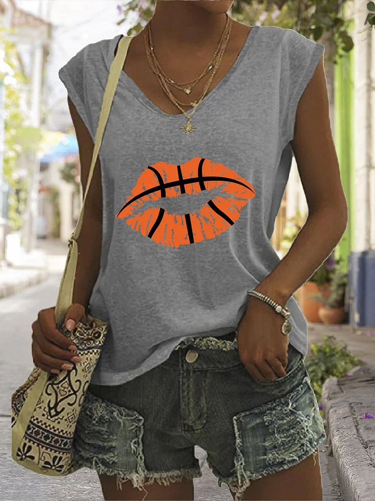 Basketball Lips V Neck T-shirt Tees-Annaletters
