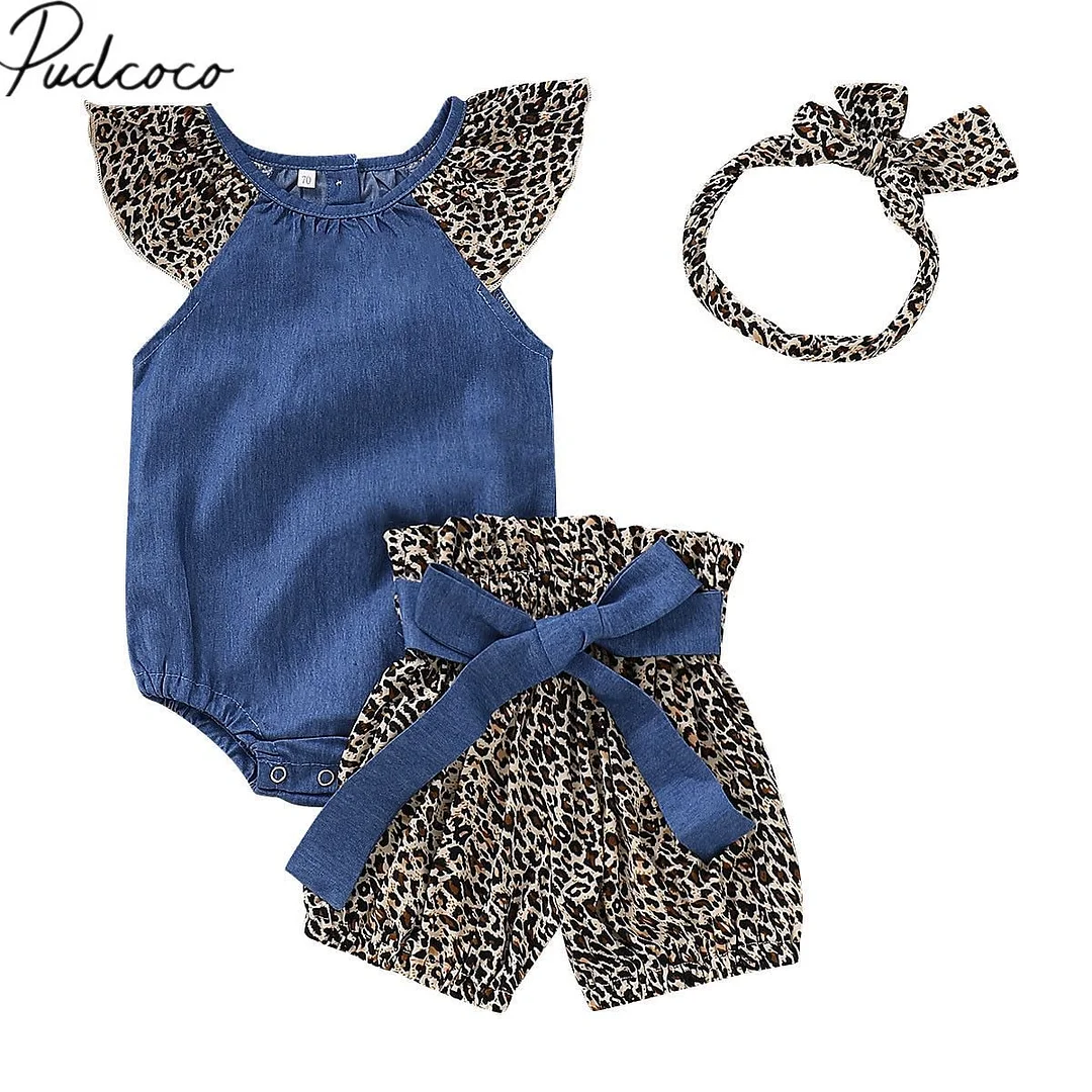 2019 Brand New Newborn Toddler Kids Baby Girls Leopard Denim Clothes Set Cotton Romper Tops+Pants Shorts+Headband Outfits Sets