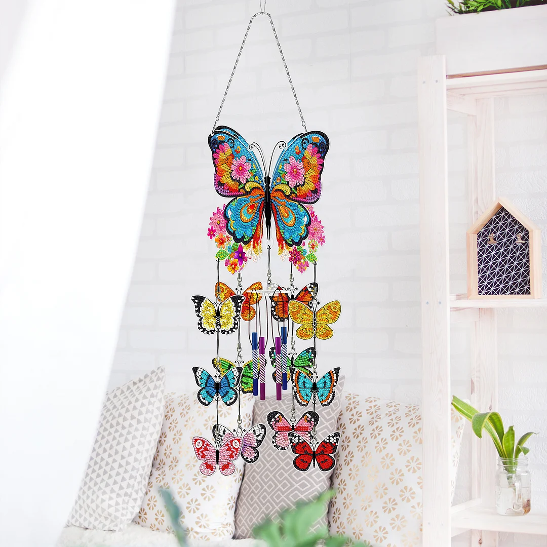 DIY  Flower Butterfly Double Side Wind Chime Diamond Art Hanging Pendant Home Decor