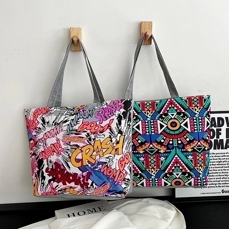 Women’s Streetwear Color Block Flower Canvas Shopping Bags