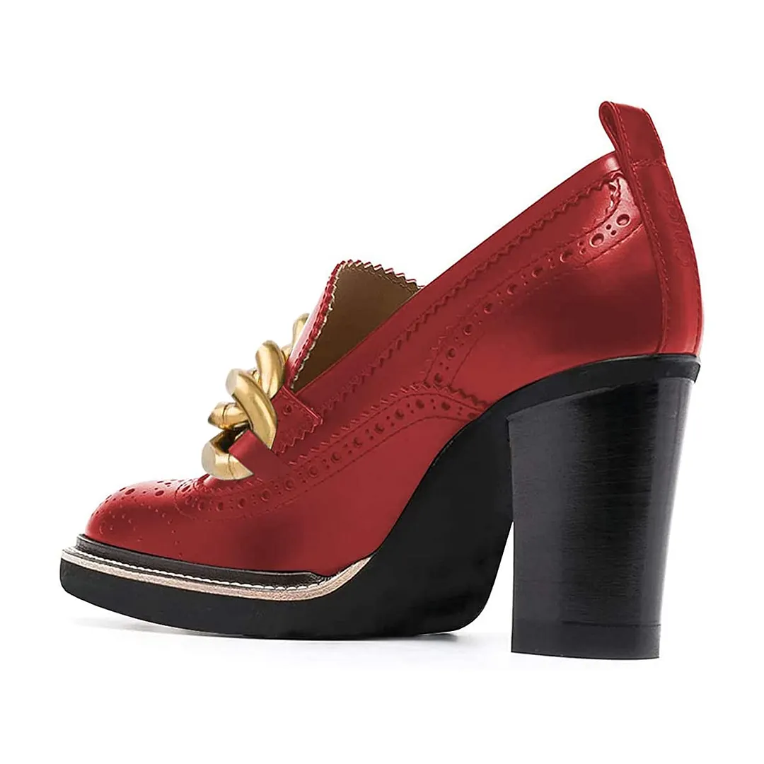 Red Round Toe Brogue Chunky Heel Chain Loafer Shoes Women
