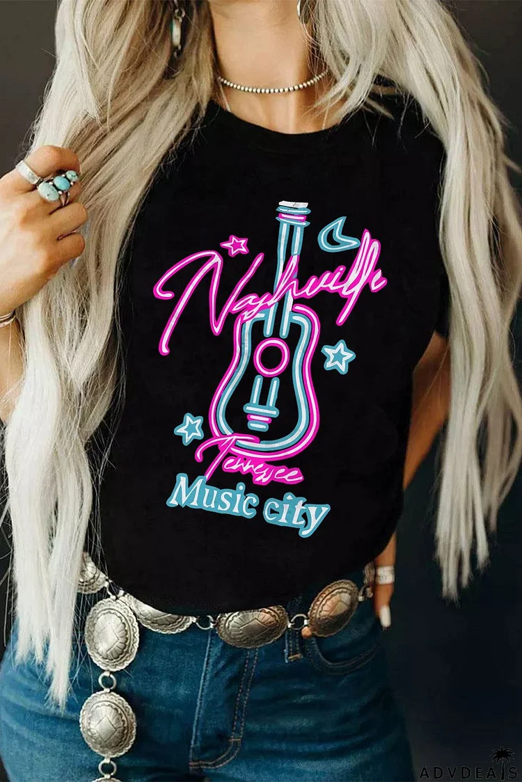 Music City Guitar Graphic Print Short Sleeve T Shirt