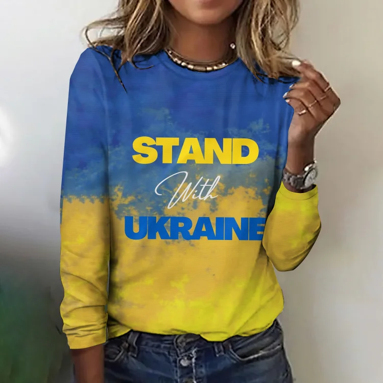 Simpfit Damen T-Shirt mit Aufschrift „Stand Whit Ukraine“ in Farbe der ukrainischen Flagge