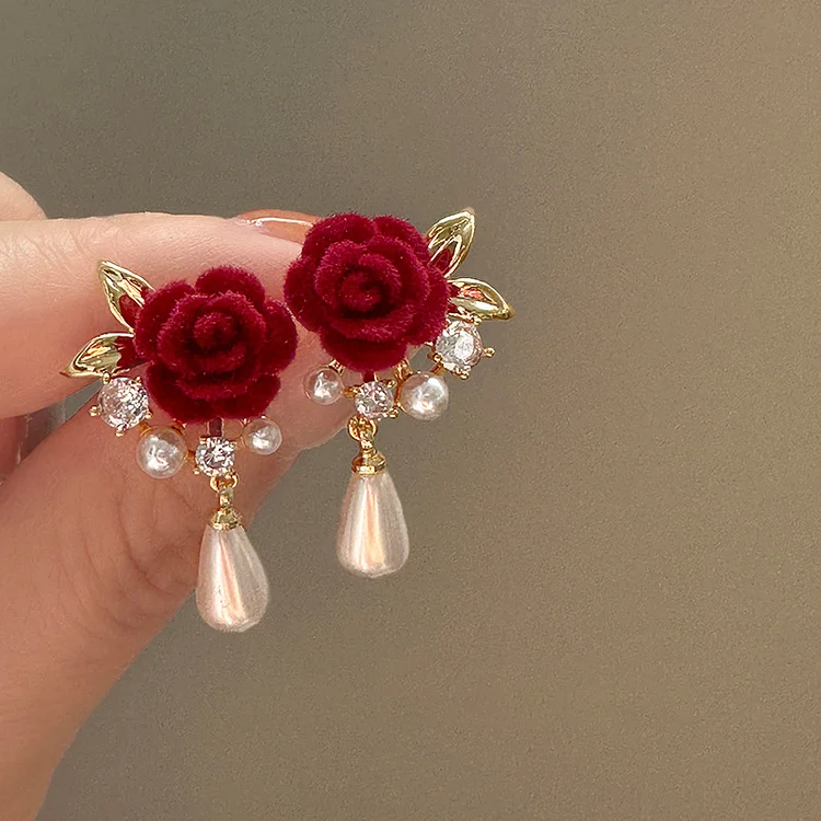 Fashion Water Doplet Pearl Rhinestone Floral Earrings