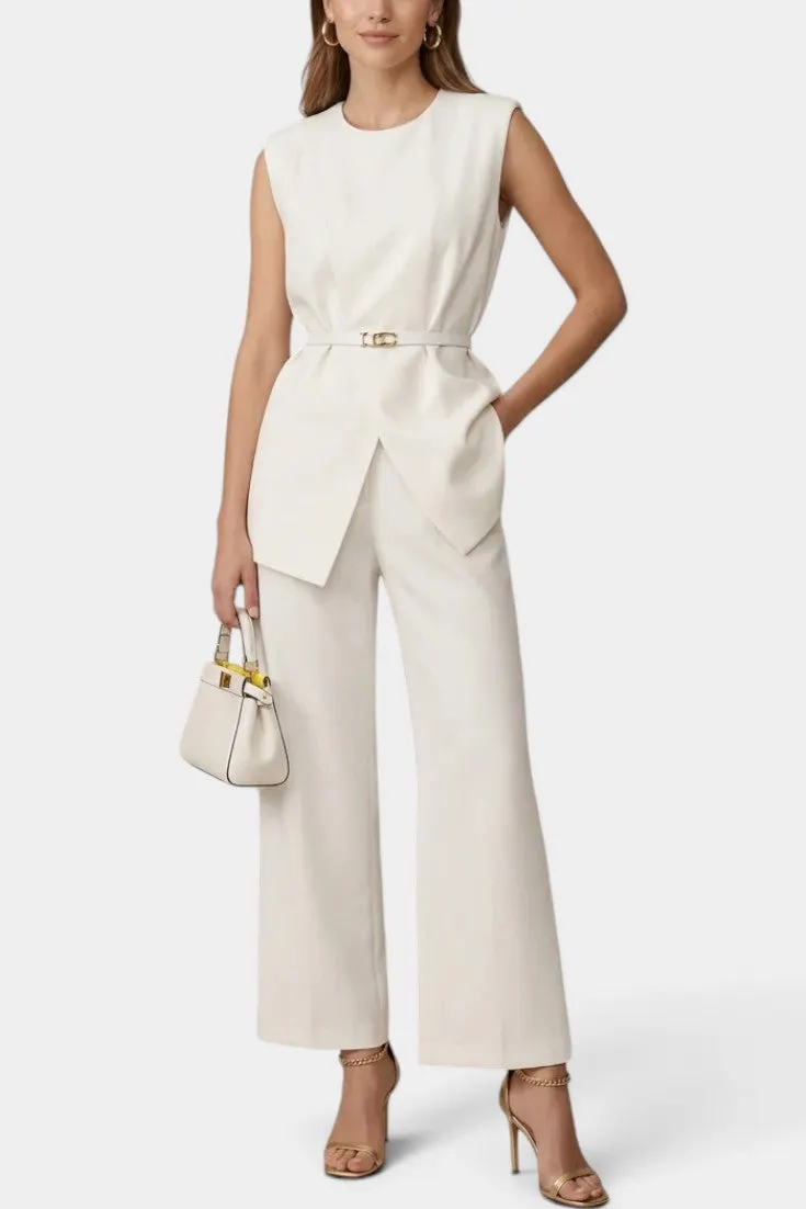 Structured Belted Top with Asymmetrical Trousers Set