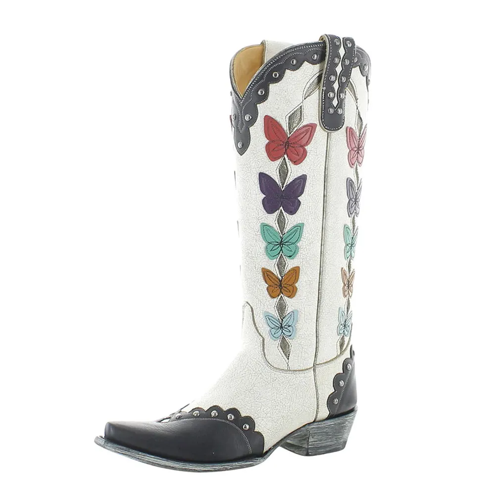 Black & White Studded Women's Western Boots with Colorful Butterfly