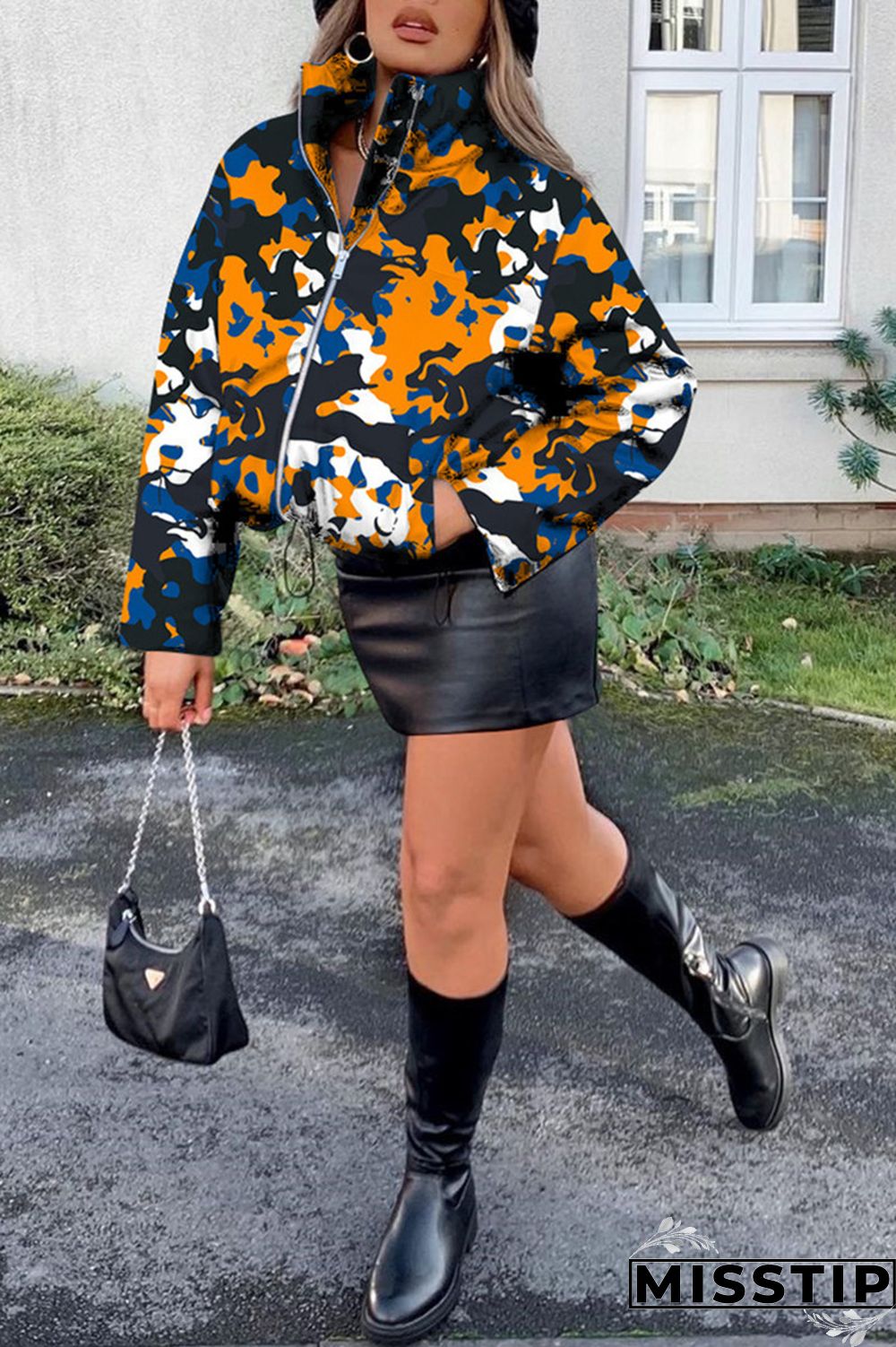Cyanine Fashion Casual Print Basic Mandarin Collar Outerwear