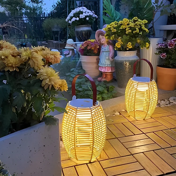 Portable Rattan Lantern Waterproof LED Modern Solar Outdoor Light Floor Lamp - Appledas