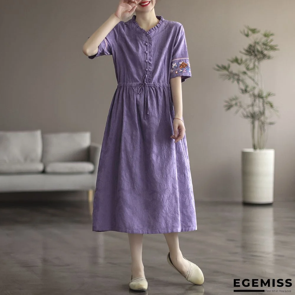 Cotton Embroidered Short Sleeve Dress Feminine Loose Knee-length Dress | EGEMISS