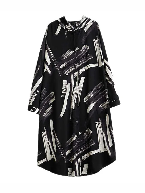 Stylish Loose Black Graffiti Printed Hooded Long Sleeves Midi Dress Coat