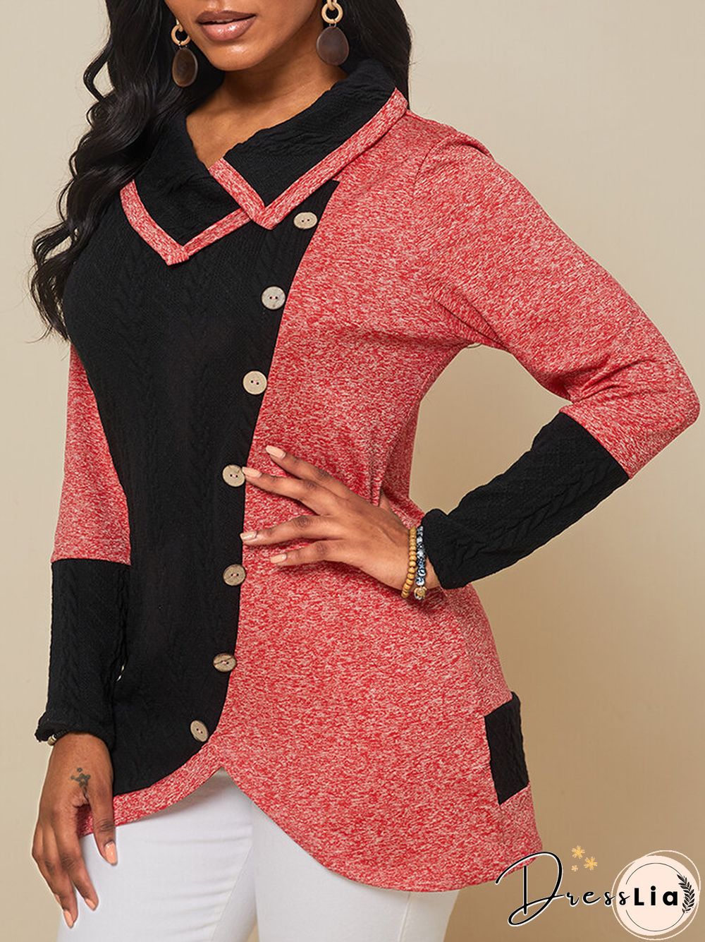 Contrast Color Long Sleeve Asymmetrical Patchwork Sweater for Women