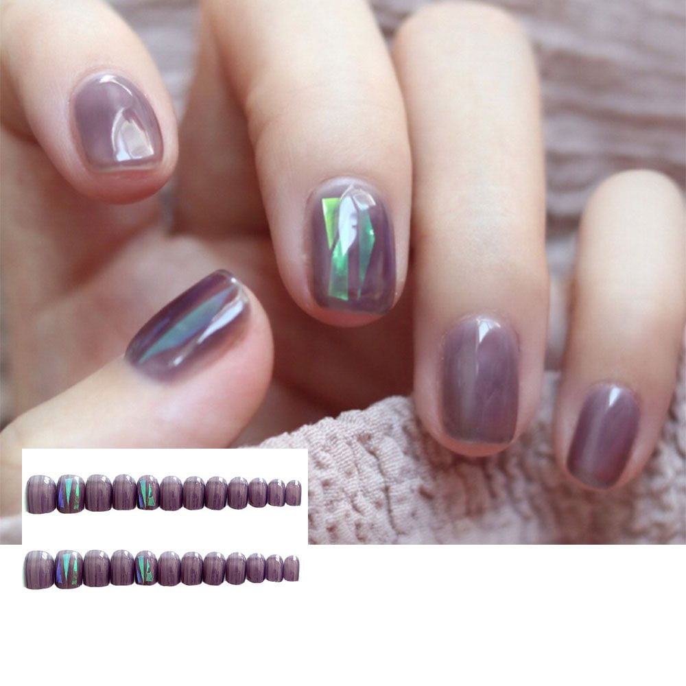 Shecustoms™ 24 Pcs Purple Gradient Shiny Nails Press On Nails Squoval Long Fake Nail