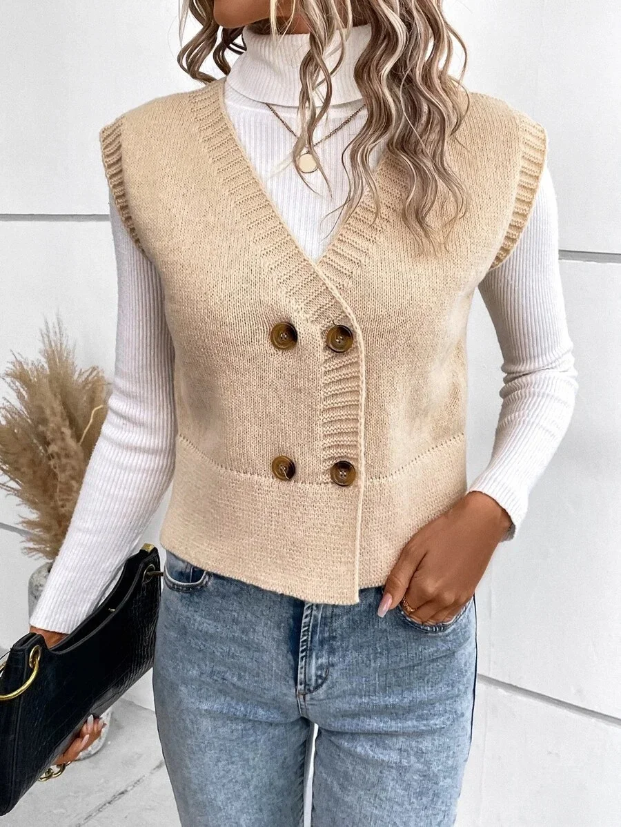Mongw Mongw Knit Vest V-Neck Button Casual Sweater Double Breasted Women's Cardigan