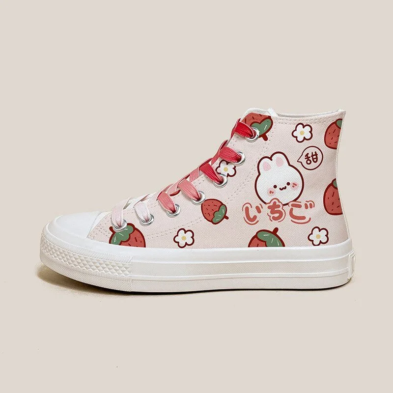 Kawaii Strawberry Bunny High Top Canvas Shoes - Women's