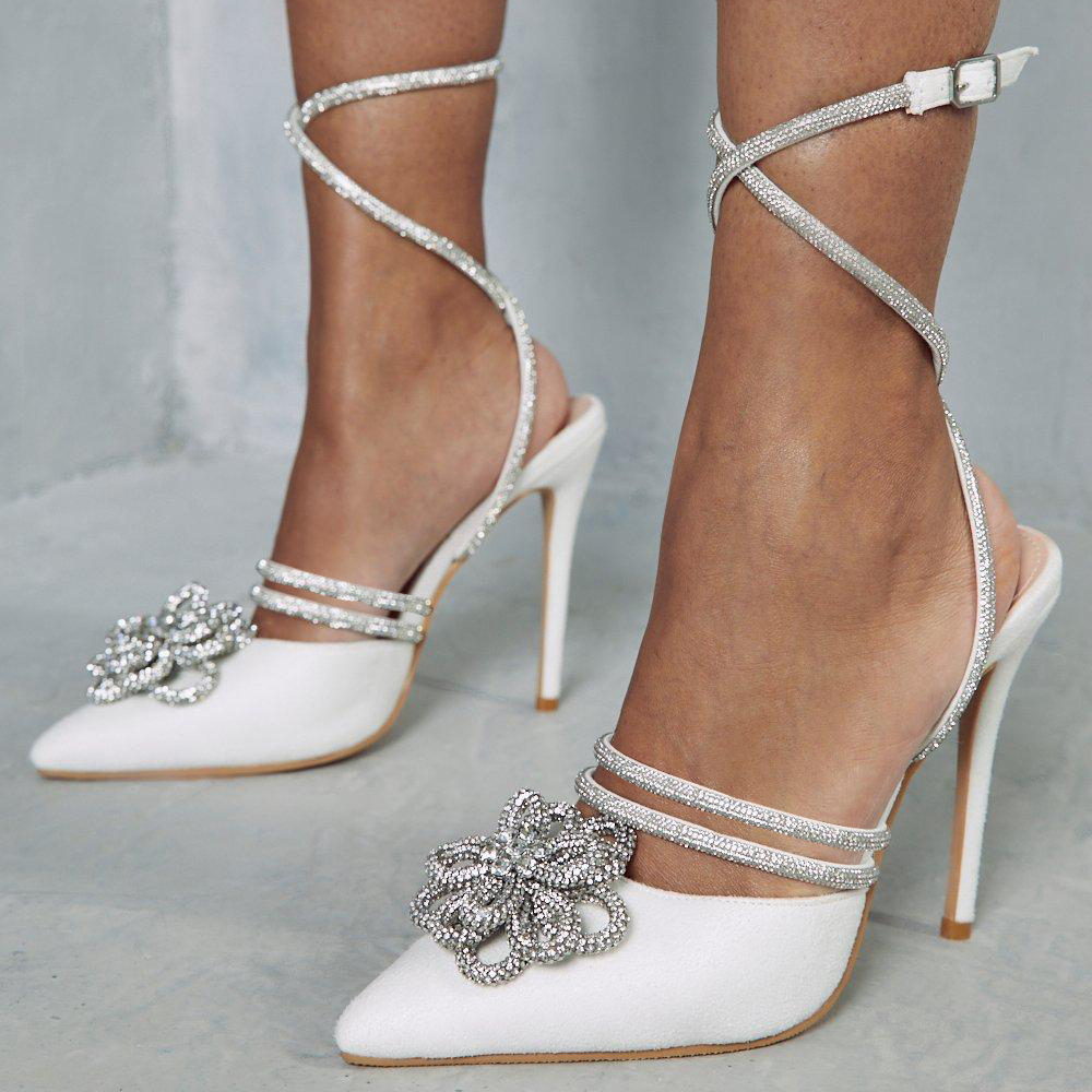 Faux Suede Pointed Toe Stiletto Heel Strappy Pumps with Flower  Nicepairs