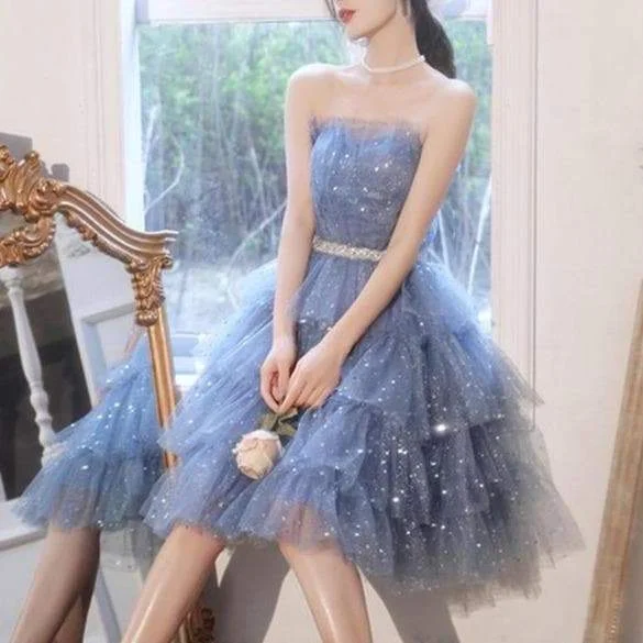 Dreamy Kawaii Blue Ruffle Sparkles Strapples Puffy Tulle Dress SP16459