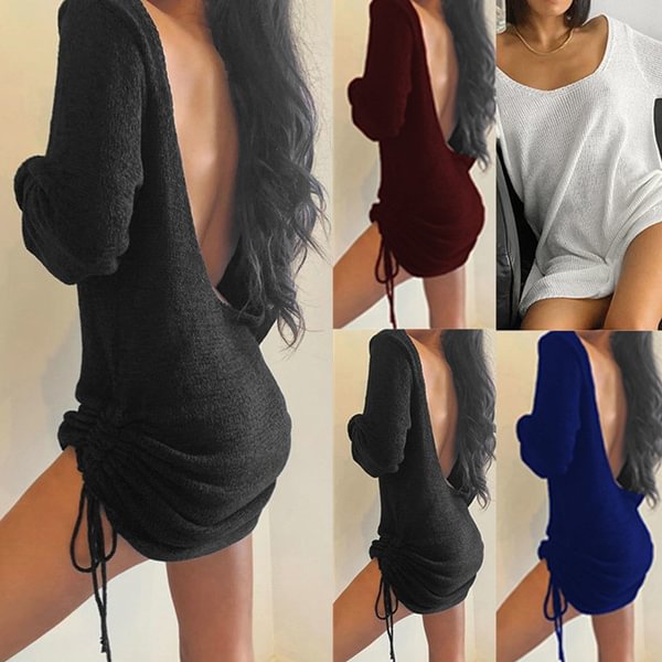 Fashion Loose U-neck Long Sleeve Bandage Sweater Dress Casual Solid Color Backless Mini Dress - BlackFridayBuys