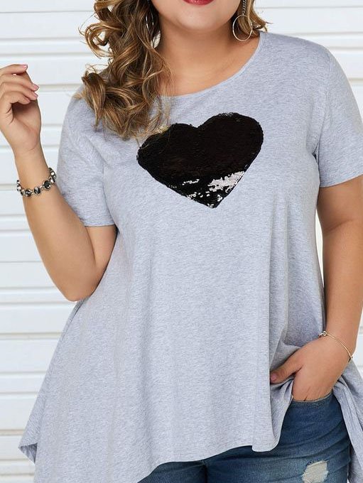 Plus Size Casual Crew Neck Cotton-Blend Shirts & Tops