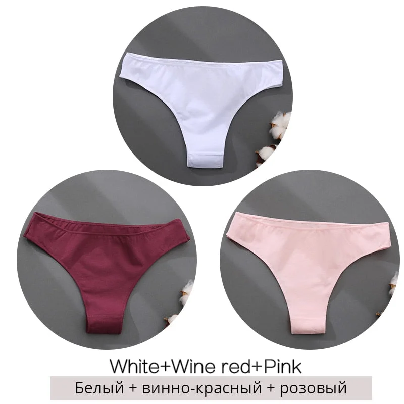 FINETOO 3Pcs/set Cotton Brazilian Panties M-2XL Women Underwear Ladies Soild Color T-back Underpants Sexy Low-rise Panty 2021