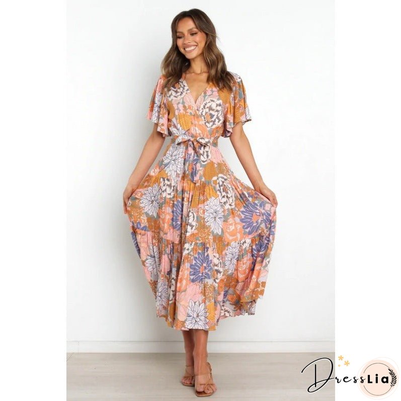v-neck commuter print short-sleeved waist-length dress Bohemian dress