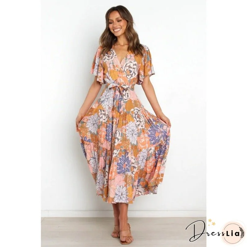 v-neck commuter print short-sleeved waist-length dress Bohemian dress